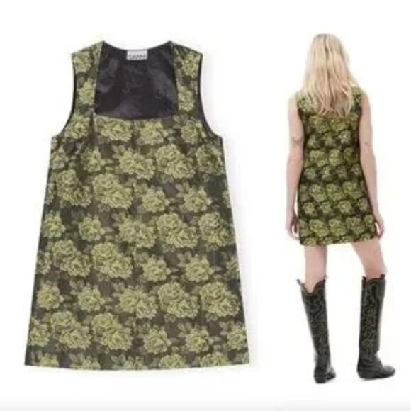 Women's Ganni Lemon Zest Jacquard Suiting Floral Sleeveless Mini Dress Size 36 - Picture 10 of 11